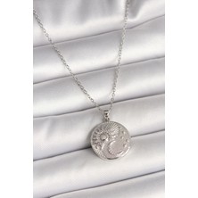 Nehir 316L Çelik Gümüş Renk Zincir Zirkon Taşlı Ay Güneş Işlemeli Madalyon Model Kadın Kolye