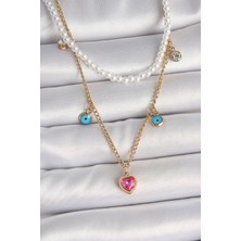 Nehir 316L Çelik Gold Renk 2'li Inci Zincir Model Pembe Taşlı Kalp Figür Nazar Boncuk Detay Kadın Kolye