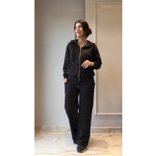 Nidam Butik Kadın Uzun Kollu Kapşonlu Fermuarlı Taşlı Önü Fermuarlı Viskon Iki Iplik Bluz ve Eşofman Altı Ikili Takım