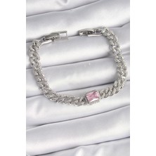 Nehir Pirinç Gümüş Renk Pembe Kare Zirkon Taşlı Vıp Seri Kadın Bileklik