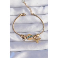 Nehir 316L Çelik Gold Renk Zirkon Taşlı Gökkuşağı Tasarımlı Yusufçuk Bileklik