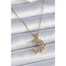 Nehir 316L Çelik Zincir Gold Renk Zirkon Taşlı Hilal Model Kadın Kolye