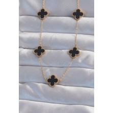 Nehir 316L Çelik Gold Renk Siyah Mineli Yonca Kolye