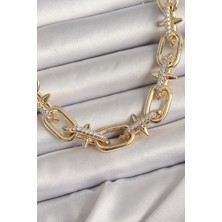 Nehir Pirinç Gold Renk Zirkon Taşlı Dikenli Halka Model Vıp Exculusive Seri Kadın Kolye