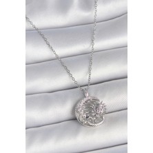 Nehir 316L Çelik Gümüş Renk Zincir Ay Güneş Model Zirkon Taş Detay Kadın Kolye