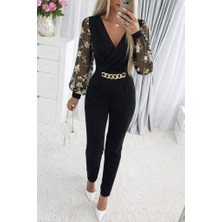 La Mode Istanbul Kadın Uzun Kollu Kruvaze Yakalı Kolları Çiçek Desenli Janjan Krep Tulum