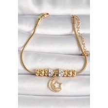 Nehir 316L Çelik Gold Renk Tüp Zincir Zirkon Taş Detaylı Sallantı Ay Yıldız Figür Kadın Bileklik