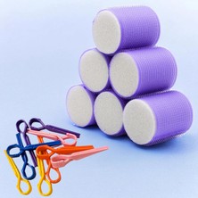 Hepta Collection 1203 Mor Cırtlı Sünger Bigudi 6lı Çap 5cm +10LU Plastik Saç Pensi