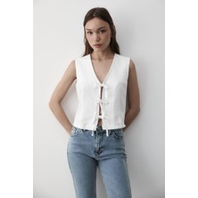 Jaste Kadın Bağlamalı Keten Yelek BEYAZ