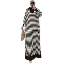 Tesettür Diyarı Yarım Fermuarlı Çizgili Triko Oversize Elbise- Acı Kahve Standart (36-42 Uyumlu)