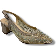 Desire Shoes Desire 356-26 Pullu Siimli Saten Fileli Taşlı Kare Topuk Kadın Ayakkabı 6cm