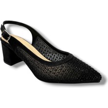 Desire Shoes Desire 356-26 Pullu Siimli Saten Fileli Taşlı Kare Topuk Kadın Ayakkabı 6cm