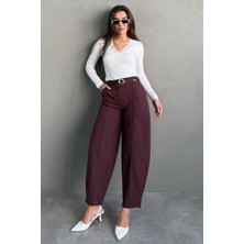 Madmext Mürdüm Modern Kesim Kemerli Yüksek Bel Bol Paça Kumaş Pantolon MG2618