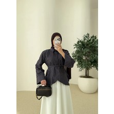 Moda Aksa 2000 Bel Detaylı Ekose Kırmızı Geçişli Gömlek