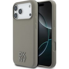 iPhone 17 Pro Max Uyumlu Kılıf Dkny Lisanslı M-Safe Şarj Özellikli Metal Logolu Silikon Kapak Bej