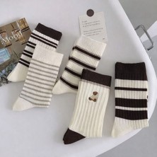 Sky Socks 5'li Ekonomik Paket Ekru - Kahve Desenli Unisex Tenis Çorap Seti