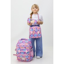 Neşeli Home Yıldız Desenli 3'lü Pembe Kız Okul Çanta Sırt Çantası Termal Beslenme Çantası Kalemlik Yeni Sezon