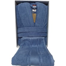 Özdilek Colourist Şalyaka Bornoz + Baş Havlusu - Indigo %100 Pamuk