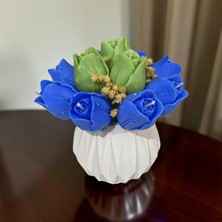 Hediye İstasyonum El Yapımı Mavi & Yeşil Lale Mum Buketi | Kokulu Soya Mum | Taş Tozu Dekoratif Vazo