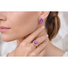 Hit Dükkan El Işçiliği Pembe Gül Detaylı Vintage Stil Gümüş ve Bronz Yüzük Küpe Otantik Takı Seti MOD113