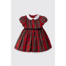 Panço Kız Bebek Bebe Yaka Fiyonk Detaylı Kısa Kollu Ekoseli Kırmızı Parti Elbisesi