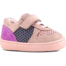 Rakerplus Bob Hakiki Deri Pudra Gri Mor Barefoot Cırtlı Lastikli Bebek Sneaker Ayakkabı