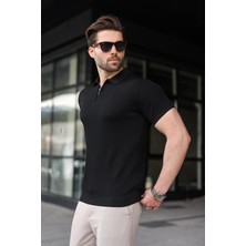 Madmext Siyah Yarım Fermuarlı Polo Yaka Triko Erkek Tişört E7459