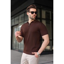 Madmext Kahverengi Yarım Fermuarlı Polo Yaka Triko Erkek Tişört E7459