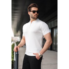 Madmext Beyaz Yarım Fermuarlı Polo Yaka Triko Erkek Tişört E7459