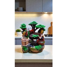 Genel Su Değirmeni Kuş Figürlü Fıçı Küp Dekoratif LED Işıklı Şelale Biblo Hediyelik Doğa Temalı