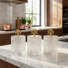 Fair Home 3'lü Inci Desen Gold Metal Kulplu Büyük Boy Cam Kavanoz Takımı –  3 x 1500 Ml.