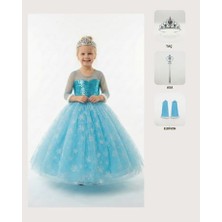 Butik Happy Kids Prenses Elsa Kostümü Uzun Kollu Elsa Kostümü 1-12 Yaş Taç-Asa-Eldiven Hediyeli