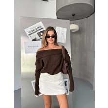 Kechı Woman Madonna Yaka Kahverengi Triko Bluz Kazak