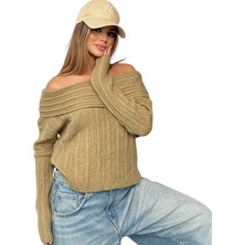 Kechı Woman Madonna Yaka Asker Yeşil Triko Bluz Kazak