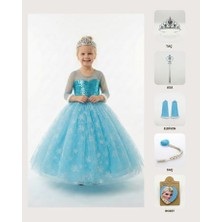 Butik Happy Kids Frozen Elsa Kostümü Uzun Kollu Kız Çocuk Prenses Elbisesi Taç+Asa+Saç+Eldiven + Rozet Hediyeli