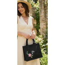 My Balli Store Siyah Nakış Işlemeli Jüt Hasır Çanta