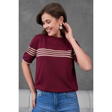 Irmak Kerekli Kadın Bisiklet Yaka Kısa Kol Çizgili Triko Bluz 25111 Bordo-Bej