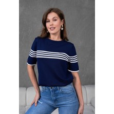 Irmak Kerekli Kadın Bisiklet Yaka Kısa Kol Çizgili Triko Bluz 25111 Laci-Ekru