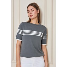Irmak Kerekli Kadın Bisiklet Yaka Kısa Kol Çizgili Triko Bluz 25111 Füme-Ekru