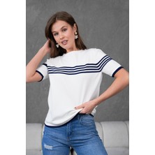 Irmak Kerekli Kadın Bisiklet Yaka Kısa Kol Çizgili Triko Bluz 25111 Ekru-Laci