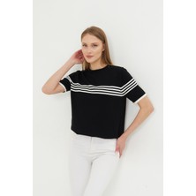 Irmak Kerekli Kadın Bisiklet Yaka Kısa Kol Çizgili Triko Bluz 25111 Siyah-Ekru