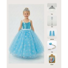 Butik Happy Kids Frozen Elsa Kostümü Askılı Kız Çocuk Prenses Elbisesi Taç Asa Eldiven Saç Rozet Hediyeli
