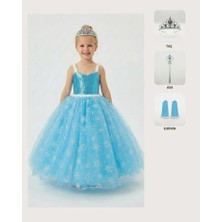 Butik Happy Kids Frozen Elsa Kostümü Askılı Kız Çocuk Prenses Elbisesi Taç Asa Eldiven Hediyeli