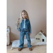 Cg Kids Fiyonk Nakışlı Jean Kot Ceket Pantolon Yanlardan Ayarlanabilir Lastik 3'lü Beyaz Badi Dahil Süper Jean Kız Çocuk Takım