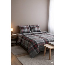 More Home Tek Kişilik Nevresim Takımı Lastikli Çarşaflı   Ekose Desenli Gri Kırmızı