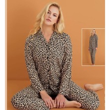 Süet Kumaş Uzun Kollu Leopar Desenli Kadın Pijama Takım