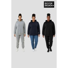 Superlife Kadın Büyük Beden 3 Lü Set  Kollar ve Etek Ribanalı Ince Kapşonlu Swatshırt SPR26BSWK957+3