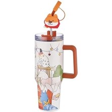 1200ML Sevimli Hayvanlar Tumbler Pipetli/pipetsiz Kulplu Paslanmaz Çelik Termos (Puppy Party)