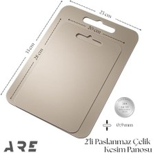 Are | 2'li Paslanmaz Çelik Kesme Doğrama Panosu (Tahtası) Seti – Gıda Temasına Uygun, Antibakteriyel, Yapışmaz ve Kolay Yıkanabilir, Paslanmaz, Yüksek Kaliteli Çelik - 33,5X22.5 Cm, 28,5X19,5 cm