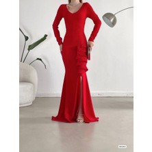 Rengamoda Kadın V Yaka Eteği Fırfırlı Yırtmaçlı Krep Abiye Elbise